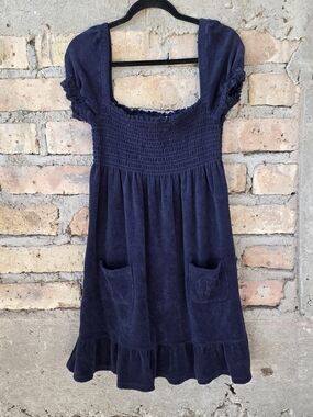 Vintage Juicy Couture Terry Cloth Smocked Mini Dress Navy Blue XL Y2K